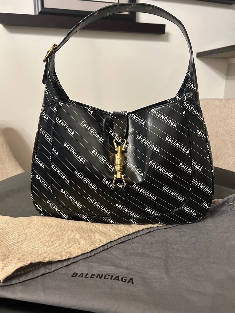 Gucci x Balenciaga Jackie Black Logo Stripe Shoulder Bag with Gold Hardware